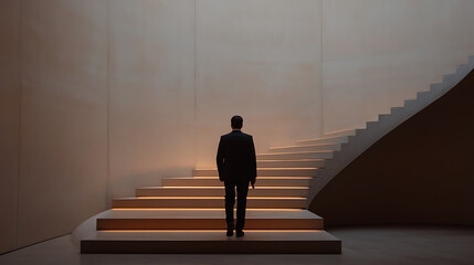An elegant and ambitious professional ascends a modern staircase. The clean lines and warm lighting create a sense of upward movement and achievement in this stylish composition.