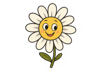 Happy cartoon daisy character smiling, expressing positive emotion and joy, transparent background