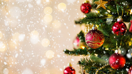 Festive red ornaments on evergreen branches with falling snow christmas tree