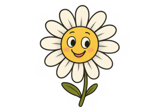 Happy cartoon daisy character smiling, expressing positive emotion and joy, transparent background - Powered by Adobe