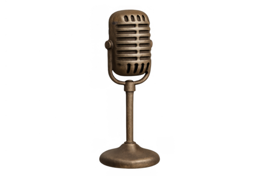 Vintage microphone on stand, broadcasting sound and music, representing retro audio recording and podcasting