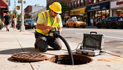 Municipal worker operating a sewer inspection camera on a busy city street monitoring underground utility lines for maintenance.