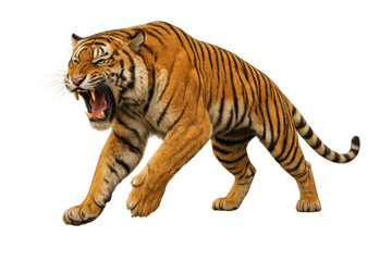 Obraz premium Tiger roaring aggressively, powerful big cat predator showing teeth and fangs, wildlife animal on transparent background