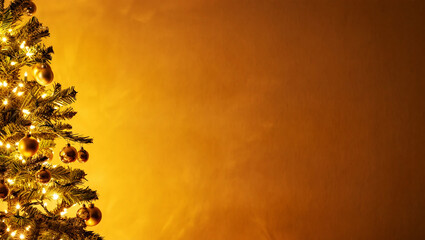 Illuminated evergreen branches with golden ornaments christmas tree