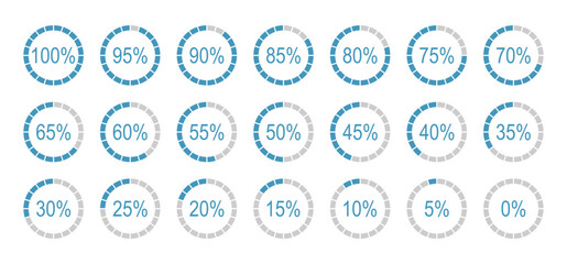 Percentage infographics simple elements. Round diagrams icons for infographics from 0 to 100 percent. Colour fill divided pie charts indicators in blue, grey. Mockup of circle graph loading progress.