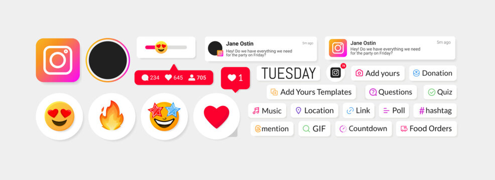 Vibrant social media pack of Instagram-style UI elements featuring stories, emojis, notifications, buttons, and social media stickers in a clean and modern layout.