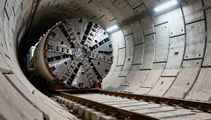 Obraz premium Side view of a tunnel boring machine advancing inside a reinforced tunnel lining emphasizing engineering precision and steady progress in an urban underground project.