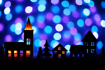 Miniature village silhouette illuminated against bokeh lights buildings houses