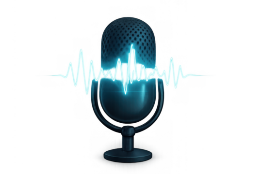 Microphone transmitting sound wave for podcasting, radio broadcasting, live streaming, voice recording - Powered by Adobe