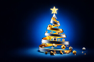 Modern spiral tree adorned with gold silver ornaments christmas
