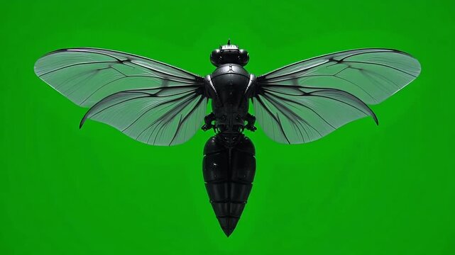 Futuristic black insect with transparent wings ready to fly in a vibrant green screen environment, perfect for sci-fi VFX and creative projects