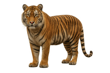 Fototapeta premium Tiger standing, facing camera, showing powerful feline presence with orange striped fur, transparent background