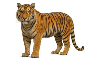 Fototapeta premium Tiger standing, powerful feline predator with striped fur looking forward, transparent background cutout