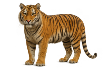 Tiger standing, powerful feline predator with striped fur looking forward, transparent background cutout