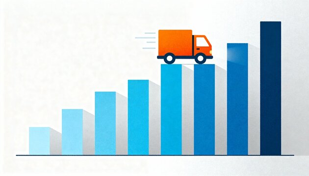 Illustration of a delivery truck on a rising bar chart. Business growth, logistics progress, and shipping success concept - Powered by Adobe