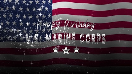 Happy Birthday U.S. Marine Corps text animation with waving flag and fireworks, perfect for celebrating marines birthday, military events, or honoring service members. - Powered by Adobe
