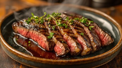Premium sliced beef steak with umami profile herbs garnish on ceramic plate showcasing perfect medium-rare texture in upscale restaurant setting