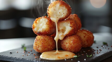 Golden crispy tater tots with melted cheese sauce dripping down pyramid stack on dark slate board professional food photography appetizer snack