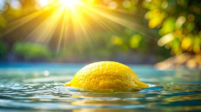 Lemon Splashing into Water with Sun Flare and Bubbles