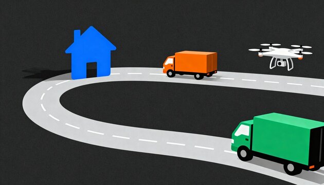 Logistics and delivery service concept with trucks and a drone on a road. E-commerce supply chain and transportation illustration. Future of shipping and last mile delivery