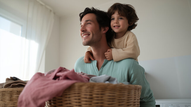 happy father and son doing laundry together in cozy home, playful family moment, child on dadâs back, wicker baskets with clothes, washing machine, sunlight streaming through windo - Powered by Adobe