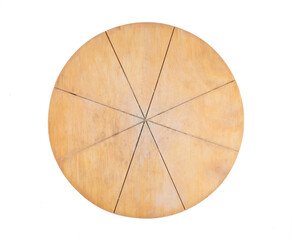 Round wooden pizza board isolated on white background