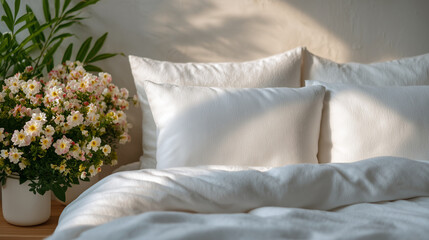 freshly made bed with white linen in sunlight, minimalist modern room interior, cozy morning mood, gentle natural light, soft focus, peaceful home vibe, serene lifestyle photograph