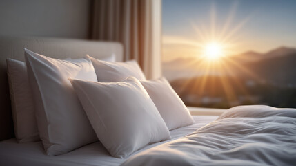 Prompt 1: cozy modern bedroom with white pillows and soft morning sunlight through window, minimal clean bedding, calm neutral tones, peaceful atmosphere, warm sun flare, elegant l