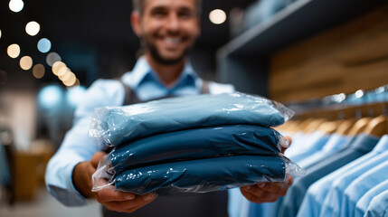 dry cleaning service worker handing freshly cleaned shirts in plastic covers, neat blue shirts on hangers, professional laundry care, clean modern interior, warm soft lighting, tid