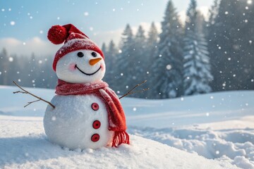 Fototapeta premium Snowman Wearing a Red Scarf and Hat Stands in a Snowy Winter Landscape