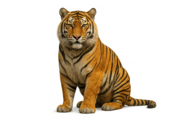 Tiger sitting and staring forward with striped fur, a powerful big cat on a transparent background
