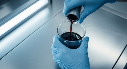 Scientist pours dark liquid into a beaker in lab with blue gloves. Perfect for science, chemical engineering or cosmetic industry designs. Sterile conditions.