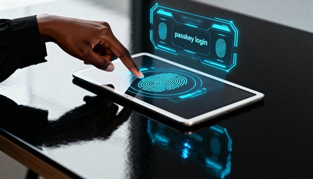 Person using a fingerprint for passkey login on a digital tablet. Futuristic biometric authentication for cybersecurity and data protection