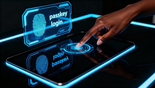 Futuristic passkey login with biometric fingerprint authentication. A person's hand touching a glowing blue scanner on a digital tablet screen. Cybersecurity and passwordless technology concept