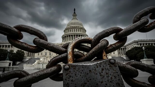 The US Capitol building is locked behind heavy rusty chains and a padlock under a dramatic stormy sky  