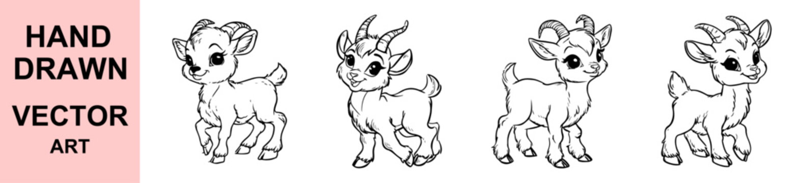 Cute baby goat hand drawn vector illustration, adorable cartoon farm animal art, black and white outline kid goat drawing for coloring book, nursery design, sticker print