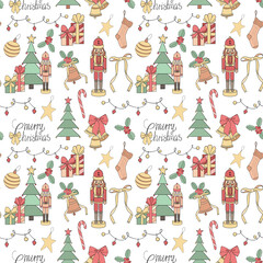 Seamless pattern with Christmas trees, decorations, bells, nutcrackers