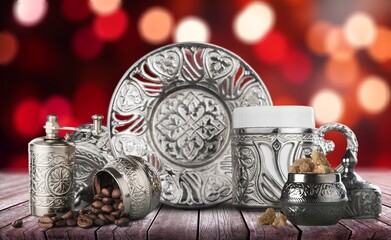 Metal arabic tableware with premium silver cups