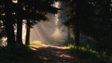 Sunlit Forest Path Tranquil Dawn Light Filtering Through Tall Trees and Quiet Underbrush