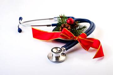 Stethoscope decorated with festive christmas ornaments and ribbon decoration