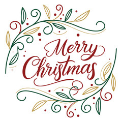 Elegant Merry Christmas Typography Card with Floral Leaves and Calligraphy Lettering Vector