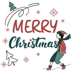 Obraz premium Cute Merry Christmas Illustration with Character, Snowflakes, and Christmas Tree Typography Vector