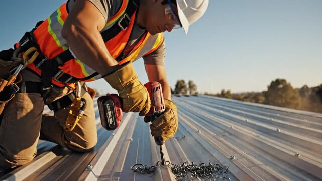 Construction worker using drill to install metal roofing sheet under sunlight work safety equipment