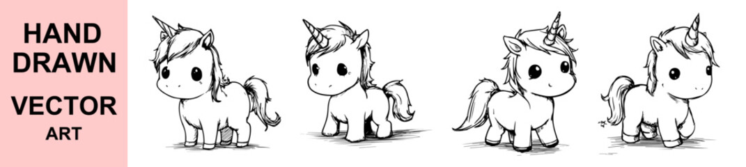 Cute baby unicorn hand drawn vector illustration, adorable magical horse character, black and white outline cartoon art, fantasy animal drawing for coloring book and children design