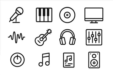 Music Creation Icons. Music creation. Line outline icon set of music creation: microphone, piano keys, record,