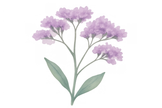 Purple watercolor flower illustration with green leaves, blooming floral design element on transparent background