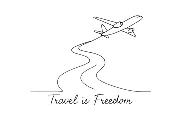 Winding Road, Flying Plane. Travel is Freedom. minimalistic one-line drawing of a winding road with a plane