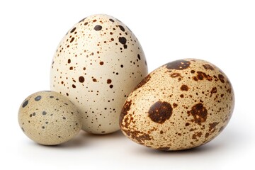 Obraz premium Different Sizes of Speckled Eggs on a White Background