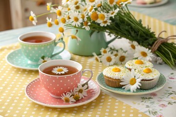 Fototapeta premium Tea Time With Daisy Decorations and Sweet Cupcakes in a Cozy Setting