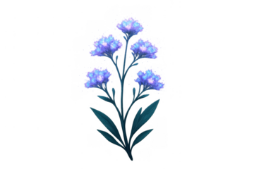 Fantasy glowing plant illustration with bioluminescent blue and purple flowers on transparent background